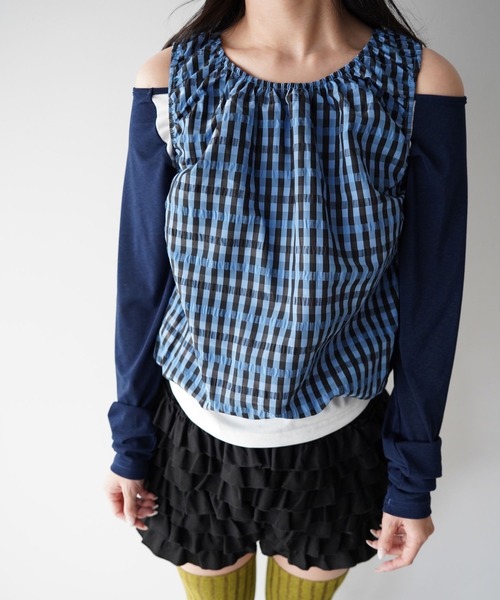 SANSeLF（サンセルフ）の「【SANSeLF】ギンガムチェックギャザーノースリーブトップス saw26s015（Tシャツ/カットソー・レディース・ネイビー/ホワイト・FREE）」の13枚目の写真