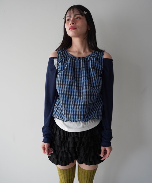 SANSeLF（サンセルフ）の「【SANSeLF】ギンガムチェックギャザーノースリーブトップス saw26s015（Tシャツ/カットソー・レディース・ネイビー/ホワイト・FREE）」の14枚目の写真