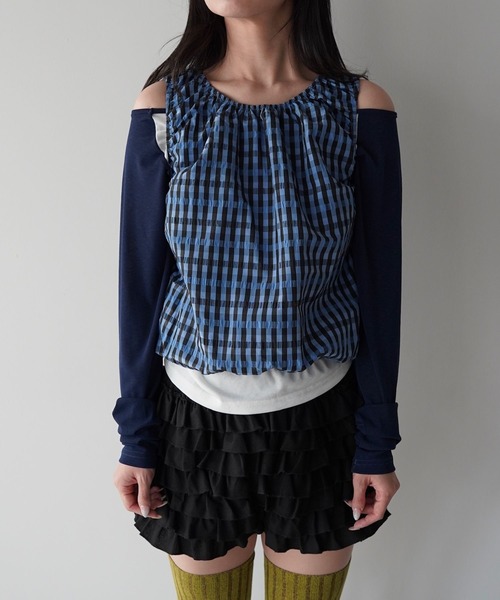 SANSeLF（サンセルフ）の「【SANSeLF】ギンガムチェックギャザーノースリーブトップス saw26s015（Tシャツ/カットソー・レディース・ネイビー/ホワイト・FREE）」の16枚目の写真