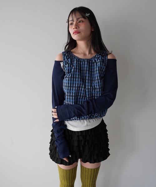 SANSeLF（サンセルフ）の「【SANSeLF】ギンガムチェックギャザーノースリーブトップス saw26s015（Tシャツ/カットソー・レディース・ネイビー/ホワイト・FREE）」の18枚目の写真