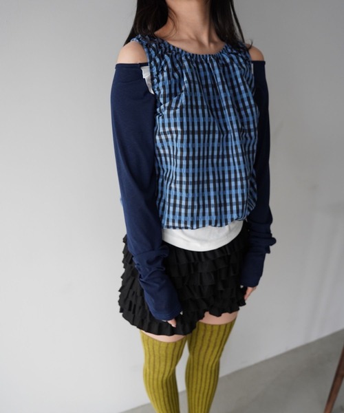 SANSeLF（サンセルフ）の「【SANSeLF】ギンガムチェックギャザーノースリーブトップス saw26s015（Tシャツ/カットソー・レディース・ネイビー/ホワイト・FREE）」の19枚目の写真