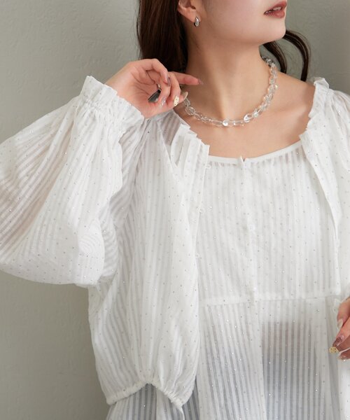 JUSGLITTY　キラキラフェザーブラウス　タンクトップ　ラメ クチュールバイロジータ ブラウス シャツ キラキラカラーブラウス