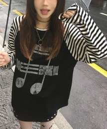 Lis ardent（リスアルダン）の「ボーダー袖グラフィック薄手ロンT／オーバーサイズ ストリートトップス／Y2K／ラグラン袖（Tシャツ/カットソー）」