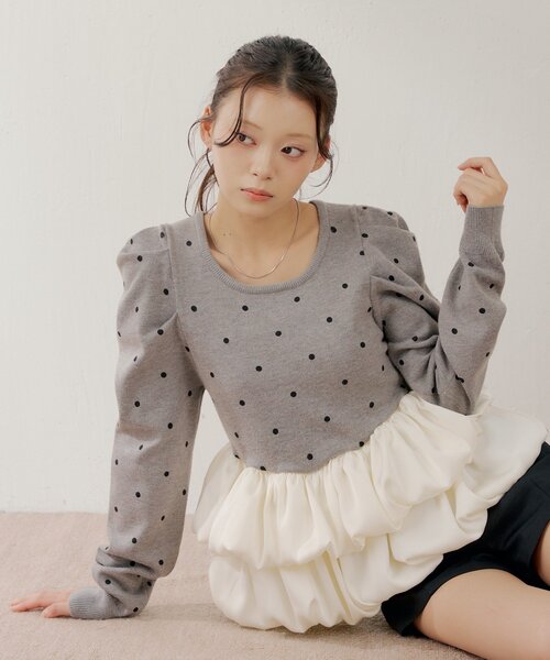 Chico（チコ）の「【SALON by Chico】ドットバルーンペプラムパワショルニット（ニット/セーター・レディース・ブラック/グレー/グレー系その他2/アイボリー・FREE）」の14枚目の写真