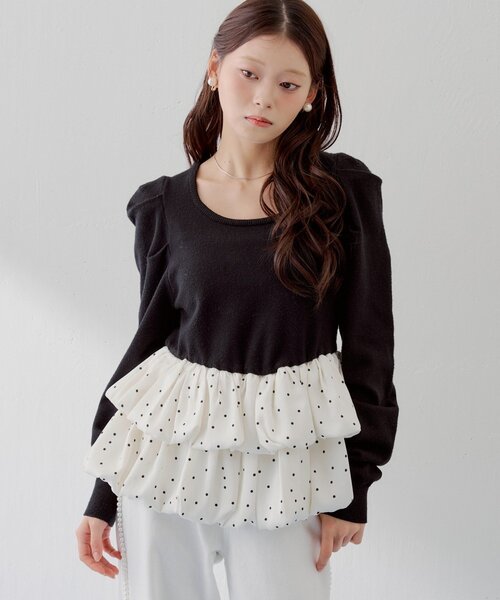Chico（チコ）の「【SALON by Chico】ドットバルーンペプラムパワショルニット（ニット/セーター・レディース・ブラック/グレー/グレー系その他2/アイボリー・FREE）」の22枚目の写真