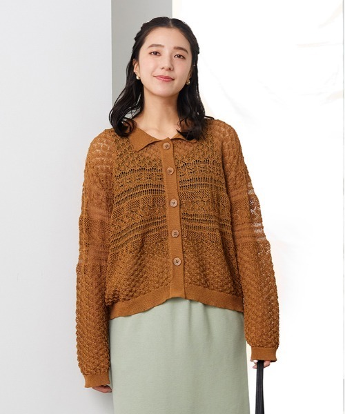 Right-on（ライトオン）の「【HONEYSUCKLE ROSE】レース編みポロカーディガン (透け感 / ショート丈 / 大人カジュアル)（カーディガン/ボレロ・レディース・ブラック/キャメル/キナリ・M/L）」の3枚目の写真