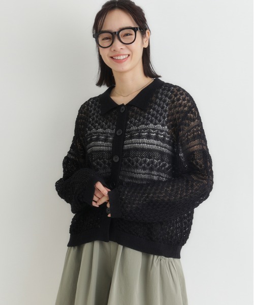Right-on（ライトオン）の「【HONEYSUCKLE ROSE】レース編みポロカーディガン (透け感 / ショート丈 / 大人カジュアル)（カーディガン/ボレロ・レディース・ブラック/キャメル/キナリ・M/L）」の2枚目の写真