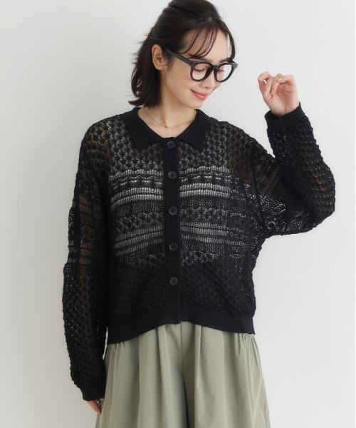 Right-on（ライトオン）の「【HONEYSUCKLE ROSE】レース編みポロカーディガン (透け感 / ショート丈 / 大人カジュアル)（カーディガン/ボレロ・レディース・ブラック/キャメル/キナリ・M/L）」の4枚目の写真