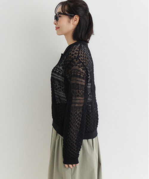 Right-on（ライトオン）の「【HONEYSUCKLE ROSE】レース編みポロカーディガン (透け感 / ショート丈 / 大人カジュアル)（カーディガン/ボレロ・レディース・ブラック/キャメル/キナリ・M/L）」の5枚目の写真