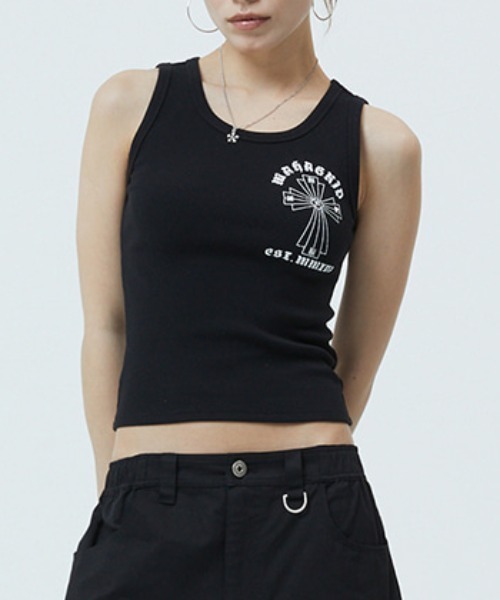 MAHAGRID(マハグリッド)の「『mahagrid/マハグリッド』CROSS STUD TANK TOP/クロス スタッズ タンクトップ(タンクトップ・レディース・ホワイト/ブラック・FREE)」の2枚目の写真