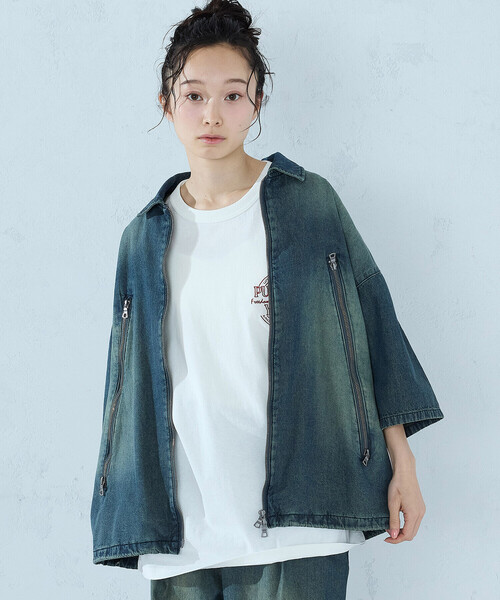 Purple&Yellow（パープルアンドイエロー）の「ライトオンスデニム ジップポケット 半袖ブルゾン（デニムジャケット・メンズ・チャコール/インディゴブルー・LARGE/MEDIUM/SMALL）」の12枚目の写真