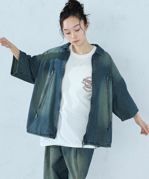 Purple&Yellow（パープルアンドイエロー）の「ライトオンスデニム ジップポケット 半袖ブルゾン（デニムジャケット・メンズ・チャコール/インディゴブルー・LARGE/MEDIUM/SMALL）」の13枚目の写真