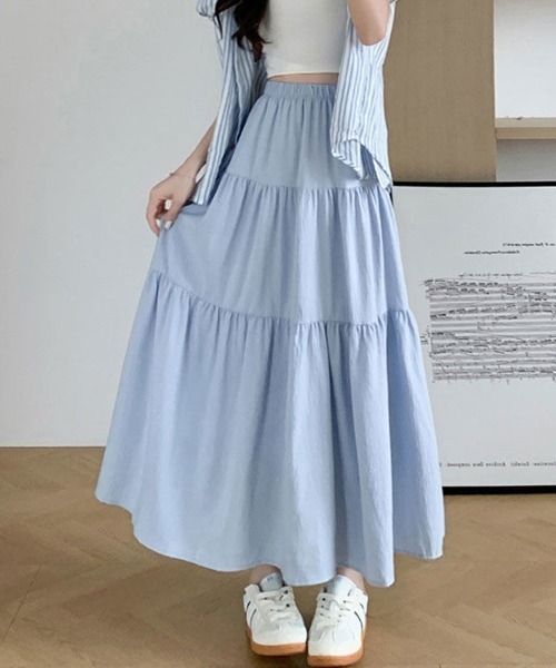 mielu(ミエル)の「ギャザーロングスカート《春夏/ウエストゴム/レディース/ティアード》(スカート・レディース・ホワイト/ピンク/ブラック/ブルー・MEDIUM/LARGE)」の1枚目の写真