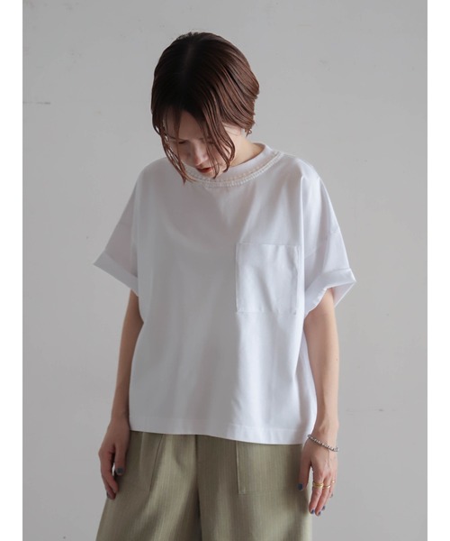 FIL DE FER(フィルデフェール)の「【予約】かぎ針ネック綿ポリ ワイドP/O(Tシャツ/カットソー・レディース・ホワイト/パープル・FREE)」の5枚目の写真