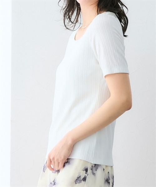 7days Life Styling(セブンデイズライフスタイリング)の「【選べる首元デザイン】透け対策 ランダムリブダブルフロント半袖トップス(Tシャツ/カットソー・レディース・ホワイト系2/ホワイト系1/ブラック系1/ブラック系2・LL/L/3L/M)」の19枚目の写真