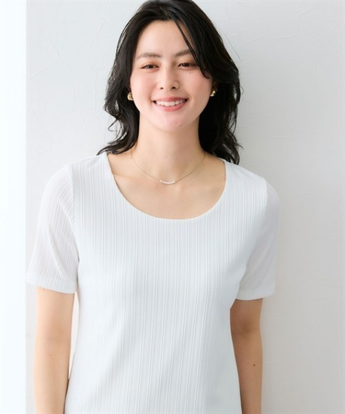 7days Life Styling(セブンデイズライフスタイリング)の「【選べる首元デザイン】透け対策 ランダムリブダブルフロント半袖トップス(Tシャツ/カットソー・レディース・ホワイト系2/ホワイト系1/ブラック系1/ブラック系2・LL/L/3L/M)」の8枚目の写真