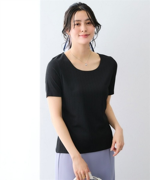 7days Life Styling(セブンデイズライフスタイリング)の「【選べる首元デザイン】透け対策 ランダムリブダブルフロント半袖トップス(Tシャツ/カットソー・レディース・ホワイト系2/ホワイト系1/ブラック系1/ブラック系2・LL/L/3L/M)」の15枚目の写真