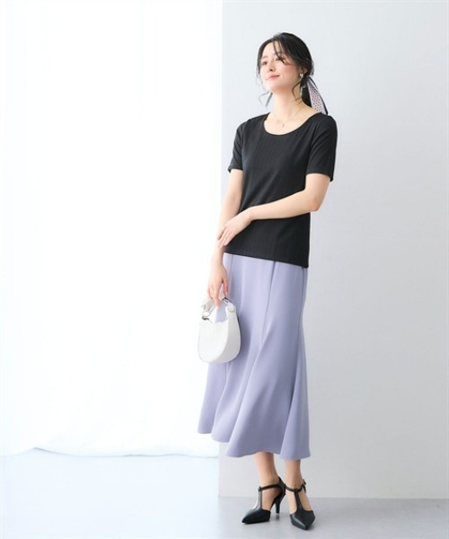 7days Life Styling(セブンデイズライフスタイリング)の「【選べる首元デザイン】透け対策 ランダムリブダブルフロント半袖トップス(Tシャツ/カットソー・レディース・ホワイト系2/ホワイト系1/ブラック系1/ブラック系2・LL/L/3L/M)」の16枚目の写真