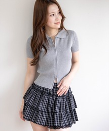 clear | ダブルジップ半袖ラインストーンニットトップス［骨格ウェーブ/カジュアル/Y2K］(ニット/セーター)