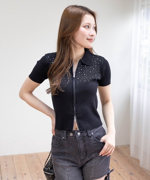 clear（クリア）の「ダブルジップ半袖ラインストーンニットトップス［骨格ウェーブ/カジュアル/Y2K］（ニット/セーター・レディース・オフホワイト/杢グレー/ブラック/グレー系その他・F）」の3枚目の写真