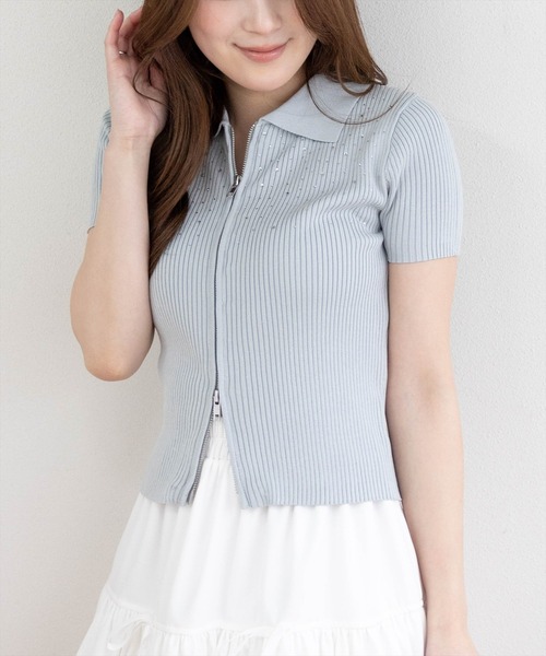 clear（クリア）の「ダブルジップ半袖ラインストーンニットトップス［骨格ウェーブ/カジュアル/Y2K］（ニット/セーター・レディース・オフホワイト/杢グレー/ブラック/グレー系その他・F）」の11枚目の写真