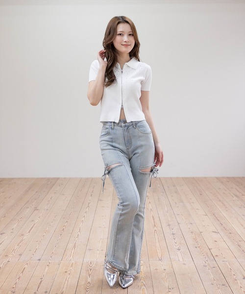 clear（クリア）の「ダブルジップ半袖ラインストーンニットトップス［骨格ウェーブ/カジュアル/Y2K］（ニット/セーター・レディース・オフホワイト/杢グレー/ブラック/グレー系その他・F）」の19枚目の写真