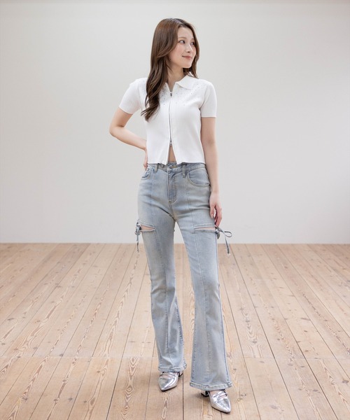 clear（クリア）の「ダブルジップ半袖ラインストーンニットトップス［骨格ウェーブ/カジュアル/Y2K］（ニット/セーター・レディース・オフホワイト/杢グレー/ブラック/グレー系その他・F）」の20枚目の写真