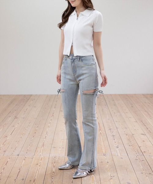 clear（クリア）の「ダブルジップ半袖ラインストーンニットトップス［骨格ウェーブ/カジュアル/Y2K］（ニット/セーター・レディース・オフホワイト/杢グレー/ブラック/グレー系その他・F）」の21枚目の写真