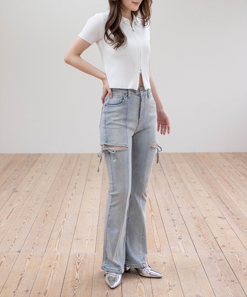 clear（クリア）の「ダブルジップ半袖ラインストーンニットトップス［骨格ウェーブ/カジュアル/Y2K］（ニット/セーター・レディース・オフホワイト/杢グレー/ブラック/グレー系その他・F）」の22枚目の写真