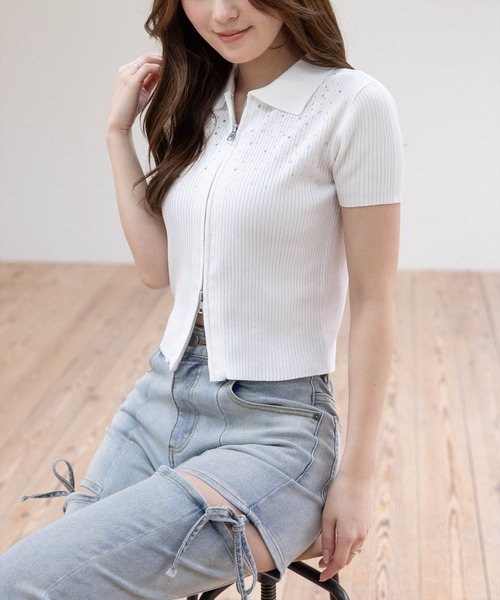 clear（クリア）の「ダブルジップ半袖ラインストーンニットトップス［骨格ウェーブ/カジュアル/Y2K］（ニット/セーター・レディース・オフホワイト/杢グレー/ブラック/グレー系その他・F）」の17枚目の写真