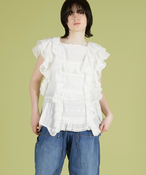 crinkle crinkle crinkle(クリンクルクリンクルクリンクル)の「【crinkle crinkle crinkle】 frill lace nosleeve blouse/フリルレースノースリーブブラウス(シャツ/ブラウス・レディース・ホワイト/グレー・FREE)」の3枚目の写真