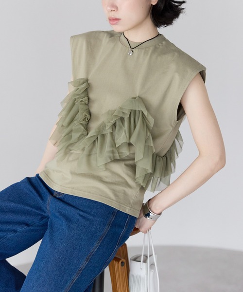 【マルチウェイ】チュールフリル　フレンチスリーブTシャツ