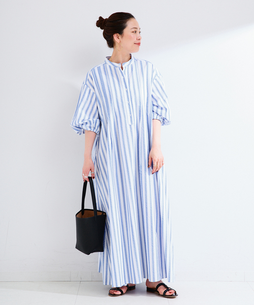 B.C STOCK(ベーセーストック)の「ウォッシャブル / ドビーストライプボリュームワンピース(シャツワンピース・レディース・サックスブルー/グリーン/ブラウン・FREE)」の19枚目の写真