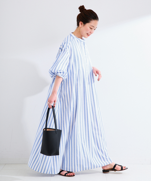 B.C STOCK(ベーセーストック)の「ウォッシャブル / ドビーストライプボリュームワンピース(シャツワンピース・レディース・サックスブルー/グリーン/ブラウン・FREE)」の20枚目の写真