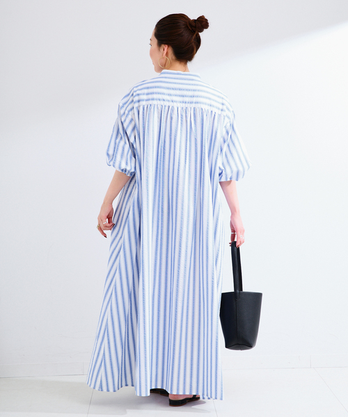 B.C STOCK(ベーセーストック)の「ウォッシャブル / ドビーストライプボリュームワンピース(シャツワンピース・レディース・サックスブルー/グリーン/ブラウン・FREE)」の22枚目の写真