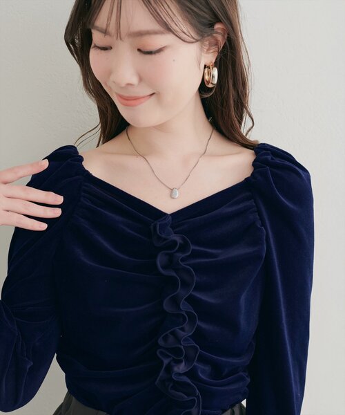 natural couture（ナチュラルクチュール）の「ギャザーフリルベロアトップス（Tシャツ/カットソー・レディース・ブラック/ピンクベージュ/ブラウン/ネイビー/アイボリー/グレイッシュベージュ・FREE）」の22枚目の写真
