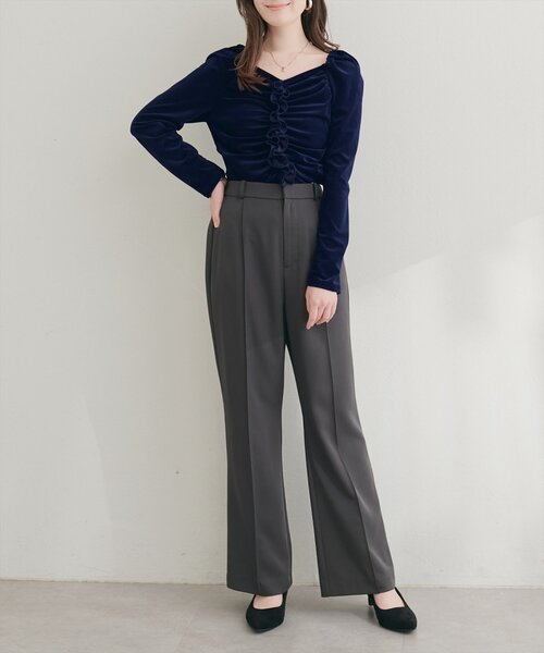 natural couture（ナチュラルクチュール）の「ギャザーフリルベロアトップス（Tシャツ/カットソー・レディース・ブラック/ピンクベージュ/ブラウン/ネイビー/アイボリー/グレイッシュベージュ・FREE）」の21枚目の写真