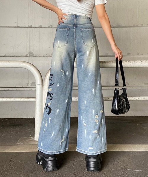 non-hedge(ノンヘッジ)の「デニムロゴダメージストレートパンツ(デニムパンツ・レディース・ブルー・S/M)」の8枚目の写真