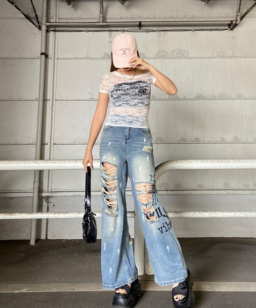 non-hedge(ノンヘッジ)の「デニムロゴダメージストレートパンツ(デニムパンツ・レディース・ブルー・S/M)」の14枚目の写真