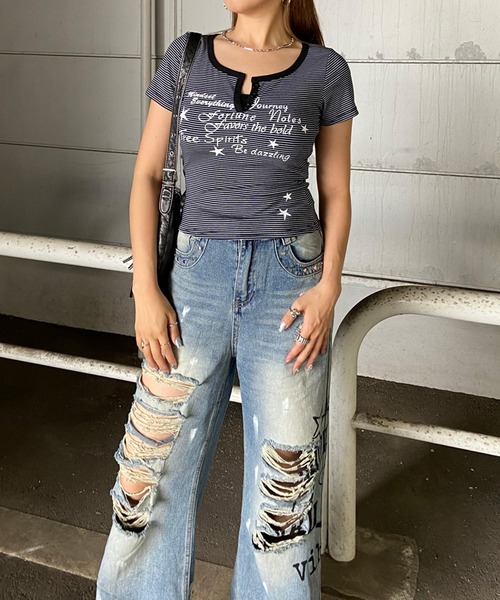 non-hedge(ノンヘッジ)の「デニムロゴダメージストレートパンツ(デニムパンツ・レディース・ブルー・S/M)」の15枚目の写真
