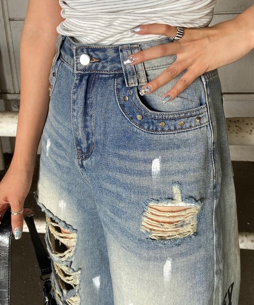 non-hedge(ノンヘッジ)の「デニムロゴダメージストレートパンツ(デニムパンツ・レディース・ブルー・S/M)」の18枚目の写真