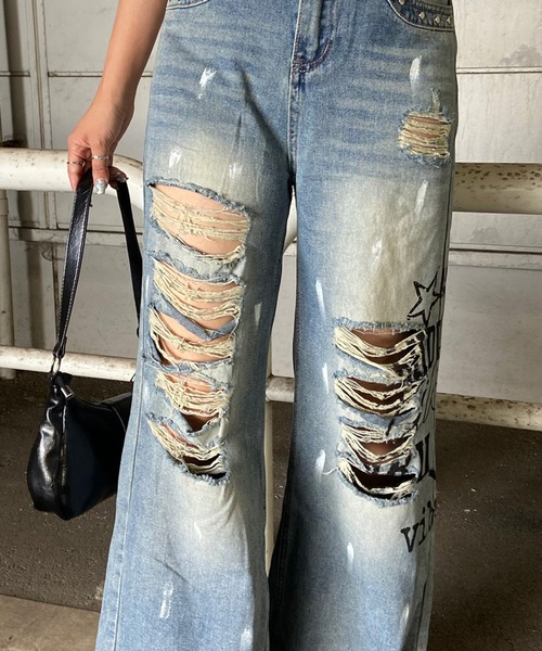 non-hedge(ノンヘッジ)の「デニムロゴダメージストレートパンツ(デニムパンツ・レディース・ブルー・S/M)」の21枚目の写真