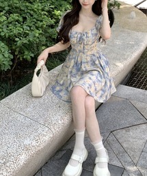 リボン付きパフスリーブ花柄ミニワンピース