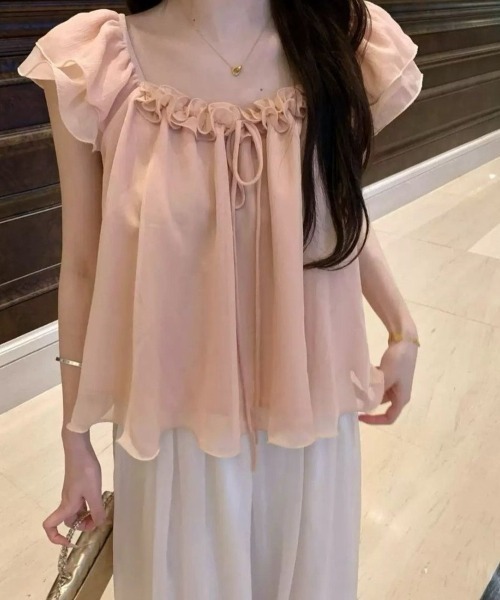 Beststore(ベストストア)の「シフォンブラウス フリル パフスリーブ リボン チュニック 半袖 トップス フェミニン ガーリー(シャツ/ブラウス・レディース・アイボリー/ピンク・FREE)」の2枚目の写真