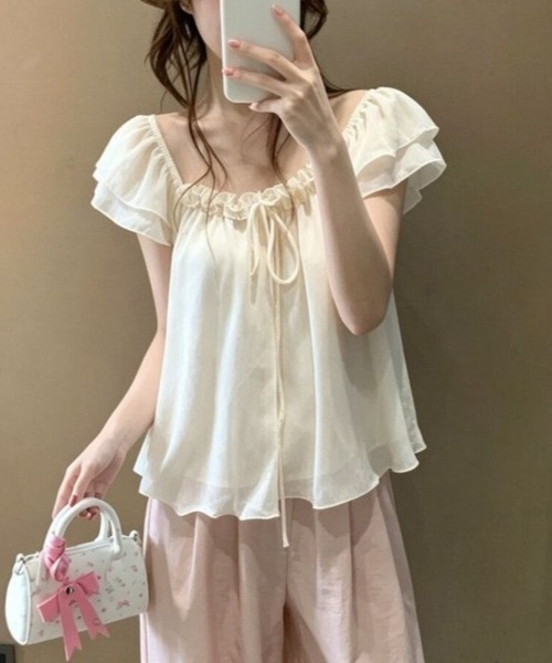 Beststore(ベストストア)の「シフォンブラウス フリル パフスリーブ リボン チュニック 半袖 トップス フェミニン ガーリー(シャツ/ブラウス・レディース・アイボリー/ピンク・FREE)」の5枚目の写真