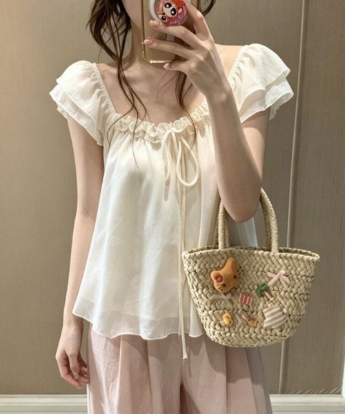 Beststore(ベストストア)の「シフォンブラウス フリル パフスリーブ リボン チュニック 半袖 トップス フェミニン ガーリー(シャツ/ブラウス・レディース・アイボリー/ピンク・FREE)」の6枚目の写真