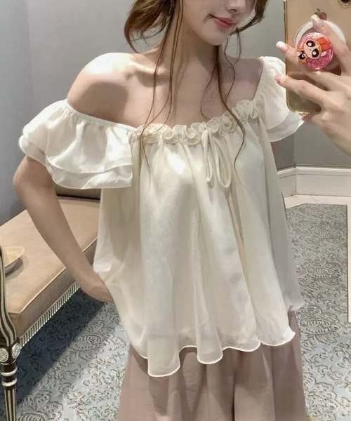 Beststore(ベストストア)の「シフォンブラウス フリル パフスリーブ リボン チュニック 半袖 トップス フェミニン ガーリー(シャツ/ブラウス・レディース・アイボリー/ピンク・FREE)」の7枚目の写真