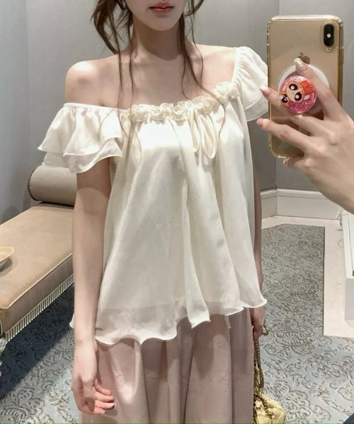 Beststore(ベストストア)の「シフォンブラウス フリル パフスリーブ リボン チュニック 半袖 トップス フェミニン ガーリー(シャツ/ブラウス・レディース・アイボリー/ピンク・FREE)」の8枚目の写真