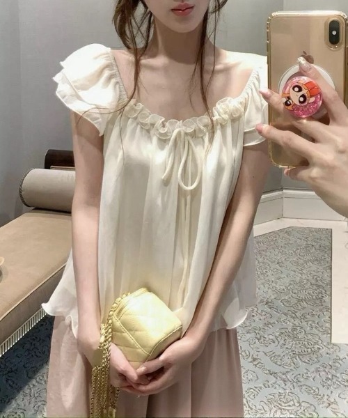 Beststore(ベストストア)の「シフォンブラウス フリル パフスリーブ リボン チュニック 半袖 トップス フェミニン ガーリー(シャツ/ブラウス・レディース・アイボリー/ピンク・FREE)」の9枚目の写真