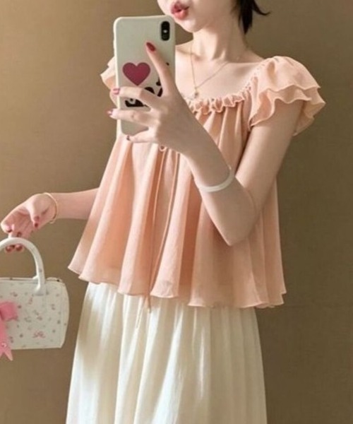 Beststore(ベストストア)の「シフォンブラウス フリル パフスリーブ リボン チュニック 半袖 トップス フェミニン ガーリー(シャツ/ブラウス・レディース・アイボリー/ピンク・FREE)」の10枚目の写真